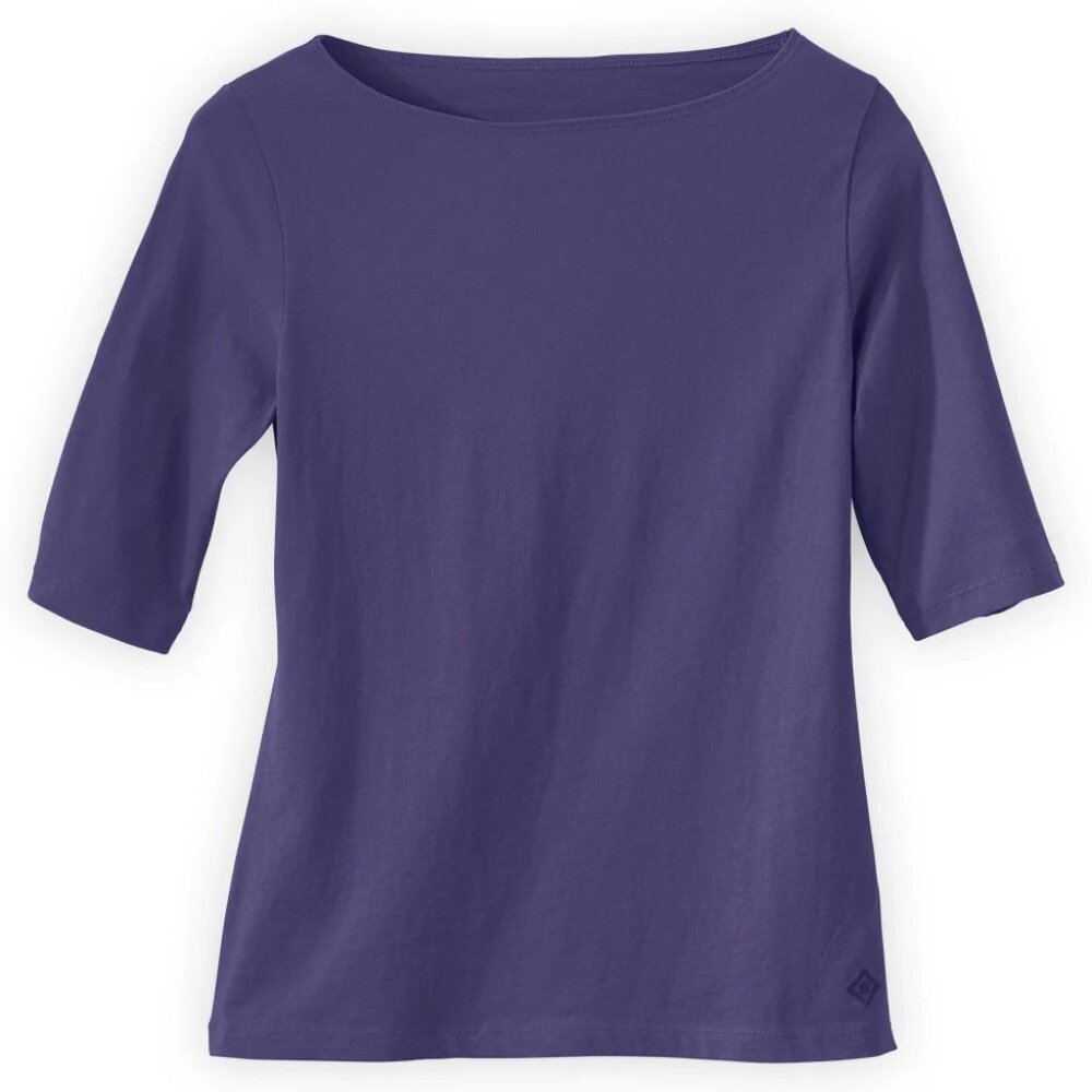 Fair Indigo Organic Elbow Sleeve Boat Neck Top- violet blue Small